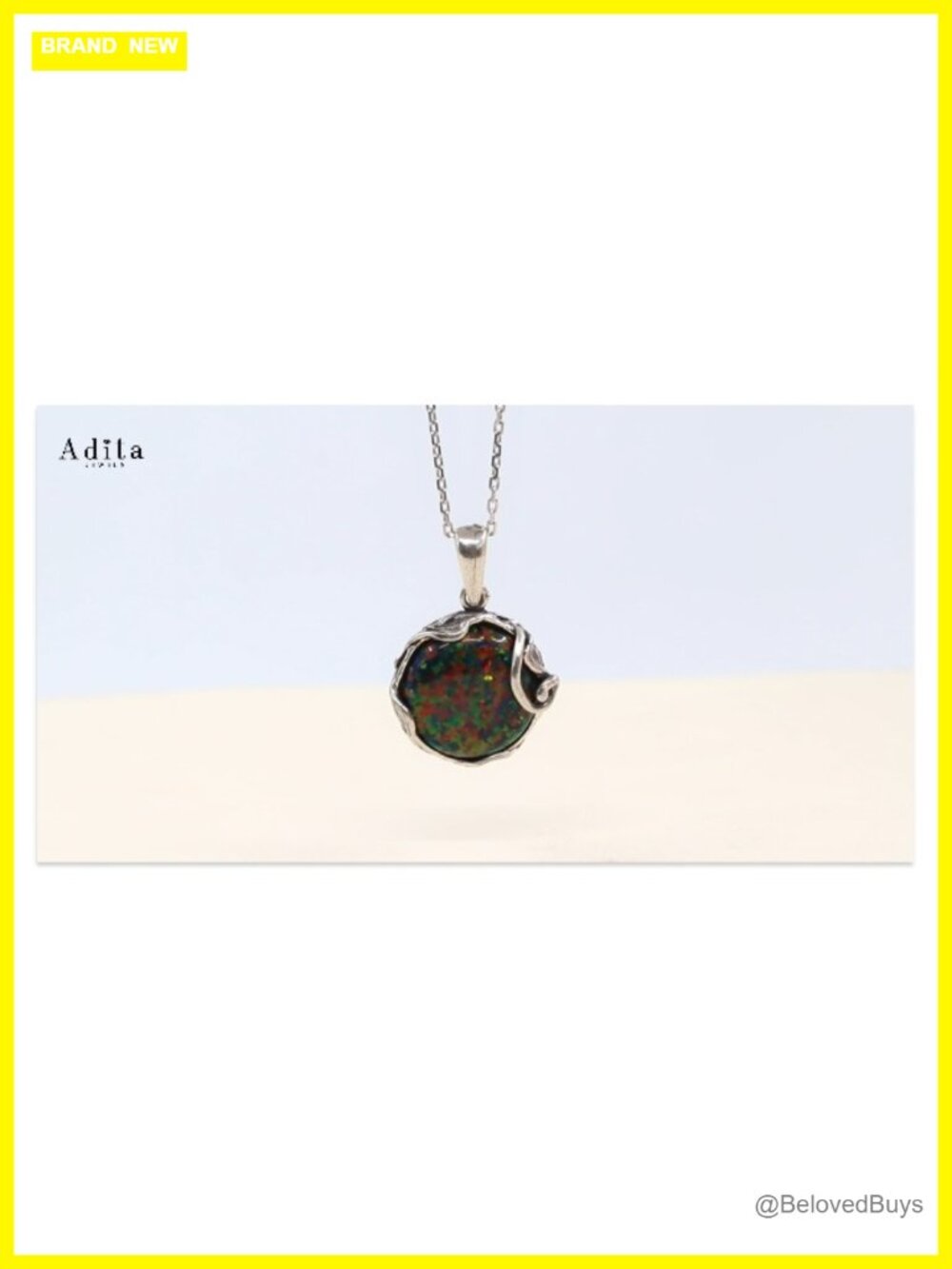 925 Sterling Silver Simulated Black Opal Pendant Necklace 20in Women - Picture 6 of 6
